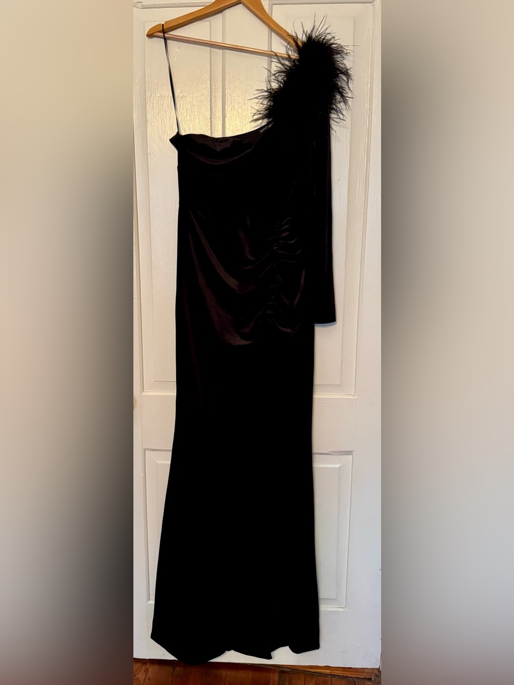 Fashion Nova Black One-Shoulder Velvet Gown with Feather Accent - Picture 4 of 9